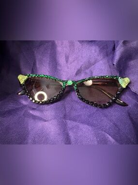 Embellished Black Sunglasses with Green stone Egyptian Accents